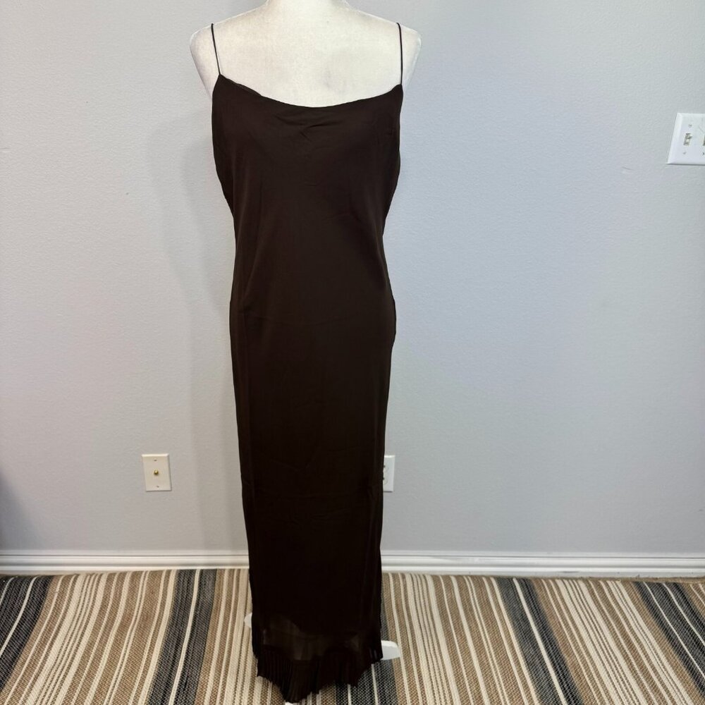 Reformation Suki Slip Midi Dress Pleated Ruffle Hem Sleeveless Brown Lined US 12